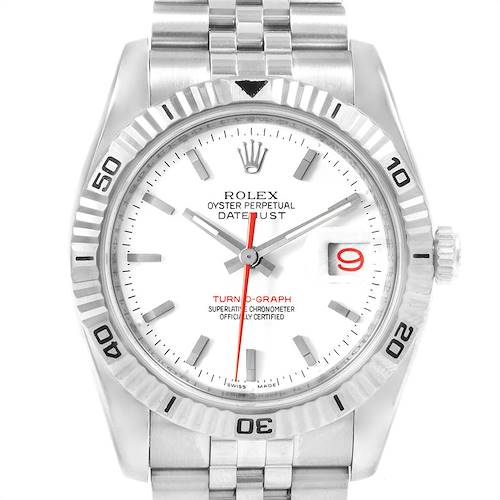 This image shows a front view of the Rolex Turn-o-Graph 116264 Men's Stainless Steel White Dial 116264 Men's Stainless Steel White Dial watch, highlighting its dial, bezel, hands, and bracelet.
