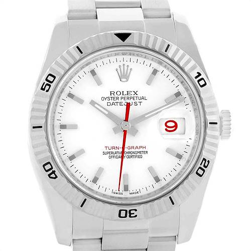 The image shows a front view of the Rolex Turn-o-Graph 116264 Men's Stainless Steel White Dial 116264 Men's Stainless Steel White Dial watch, highlighting its dial, bezel, and stainless steel bracelet.