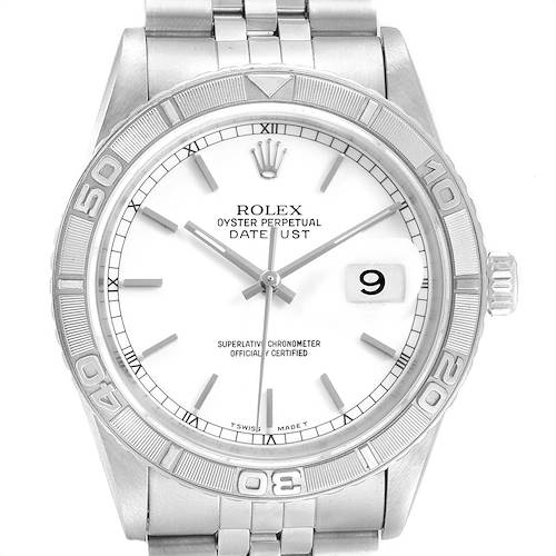This image shows a front view of the Rolex Turn-o-Graph 16264 Men's Stainless Steel White Dial 16264 Men's Stainless Steel White Dial watch, displaying its bezel, dial, hands, and date indicator.