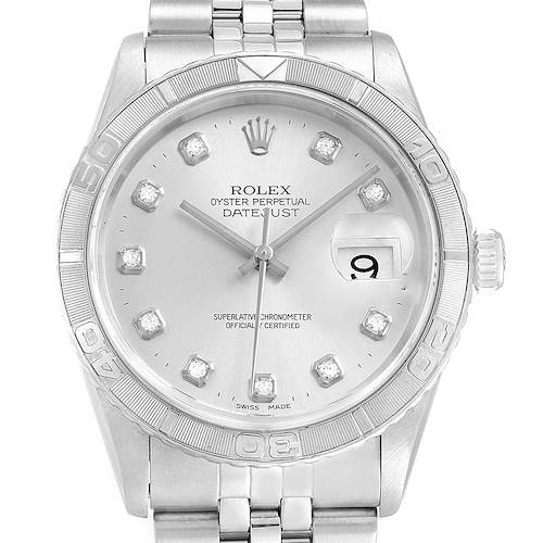 The image shows a frontal view of the Rolex Turn-o-Graph 16264 Men's Stainless Steel Silver Dial 16264 Men's Stainless Steel Silver Dial watch with its face, bezel, and partial bracelet visible.