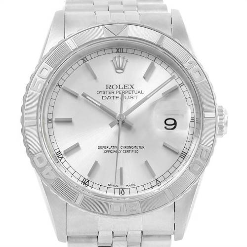 The image shows a front view of a Rolex Turn-o-Graph 16264 Men's Stainless Steel Silver Dial 16264 Men's Stainless Steel Silver Dial watch, focusing on the dial, bezel, and bracelet.