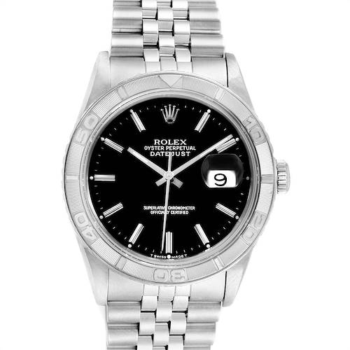 This image shows the front view of a Rolex Turn-o-Graph 16264 Men's Stainless Steel Black Dial 16264 Men's Stainless Steel Black Dial watch, highlighting the dial, bezel, and bracelet.