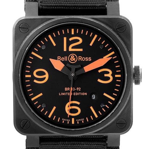 The image shows a frontal view of the Bell & Ross Instruments BR03-92-S Men's Stainless Steel Black Dial BR03-92-S Men's Stainless Steel Black Dial BR 03-92 watch, highlighting its dial and crown.