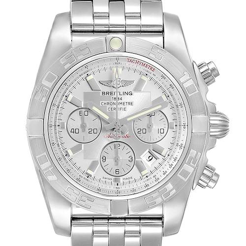 The image shows a front view of a Breitling Chronomat AB0110  Men's Stainless Steel Silver Dial AB0110  Men's Stainless Steel Silver Dial watch, displaying its dial, bezel, and bracelet.