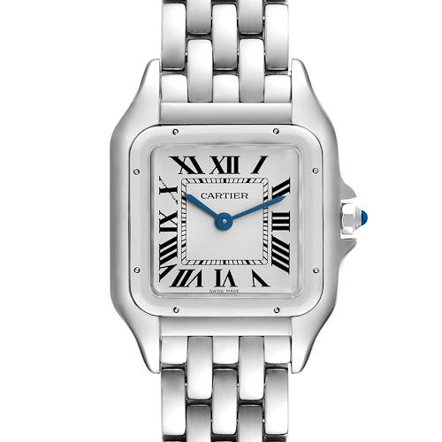 This image shows a frontal view of the Panthère de Cartier watch, highlighting its dial and part of its bracelet.