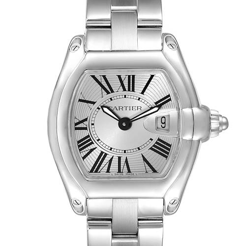 This image shows a front view of the Cartier Roadster W62016V3 Women's Stainless Steel Silver Dial W62016V3 Women's Stainless Steel Silver Dial watch, highlighting its dial, Roman numerals, date window, and metal bracelet.