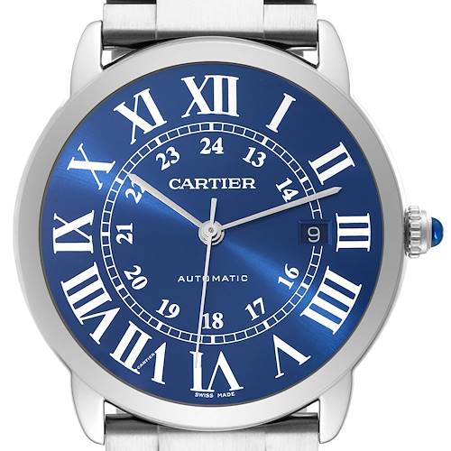 The Cartier Ronde WSRN0023 Men's Stainless Steel Blue Dial WSRN0023 Men's Stainless Steel Blue Dial watch is shown from the front, displaying its blue dial, Roman numeral markers, date window, and metal strap.