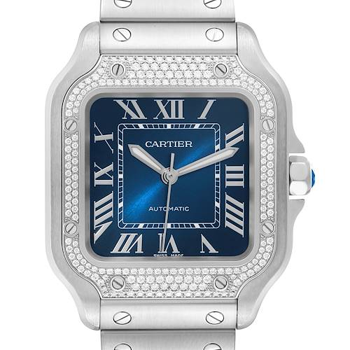 The image displays a frontal view of the Cartier Santos W4SA0006 Men's Stainless Steel Blue Dial W4SA0006 Men's Stainless Steel Blue Dial watch, featuring a blue dial, Roman numerals, and a diamond-set bezel.