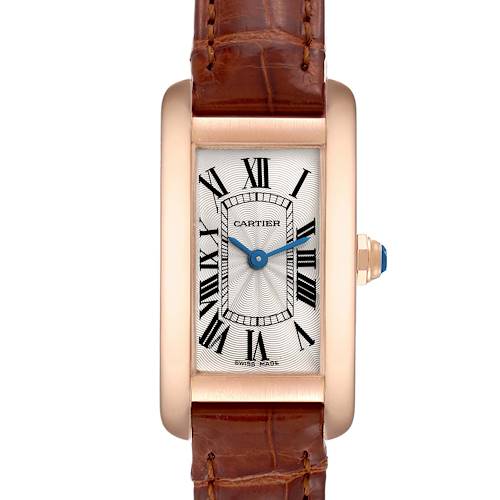 The image shows a front view of the Cartier Tank Americaine W2607456 Women's Rose Gold Silver Dial W2607456 Women's Rose Gold Silver Dial watch, featuring its face, case, and part of the leather strap.