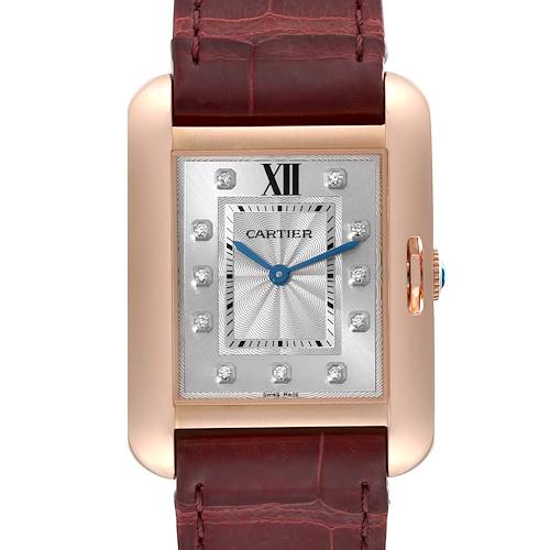 The image shows a front view of the Cartier Tank Anglaise WJTA0009 Women's Rose Gold Silver Dial WJTA0009 Women's Rose Gold Silver Dial watch with its face and leather strap clearly visible.