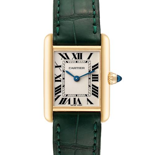 The image shows a front view of the Cartier Tank Louis W1529856 Women's Yellow Gold Silver Dial W1529856 Women's Yellow Gold Silver Dial watch, highlighting the dial, Roman numerals, and green leather strap.