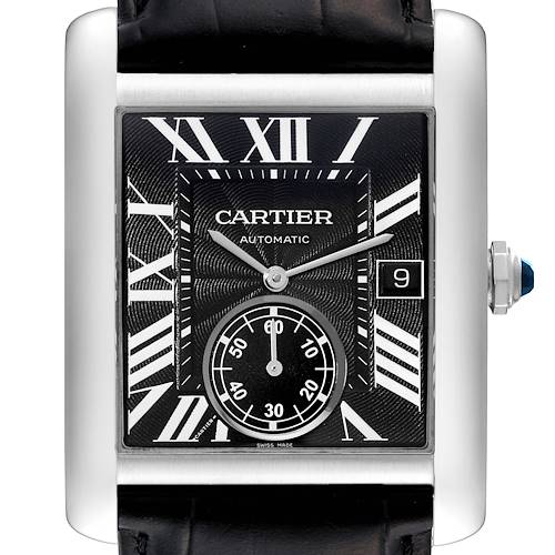 The Cartier Tank MC W5330004 Men's Stainless Steel Black Dial W5330004 Men's Stainless Steel Black Dial watch is shown from the front, highlighting its dial, hands, subdial, and date window.