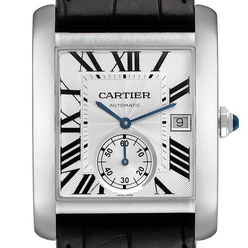 This image shows a front view of the Cartier Tank MC W5330003 Men's Stainless Steel Silver Dial W5330003 Men's Stainless Steel Silver Dial watch, displaying the dial, Roman numerals, date window, and sub-dial.
