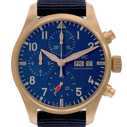 This is an IWC Pilot IW388109 Men's Bronze Blue Dial IW388109 Men's Bronze Blue Dial watch shown straight on, displaying the face, dial, and side buttons.