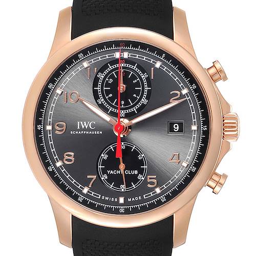 The image shows a front view of the IWC Portuguese IW390209  Men's Rose Gold Grey Dial IW390209  Men's Rose Gold Grey Dial Yacht Club watch displaying its dial, bezel, and crown.