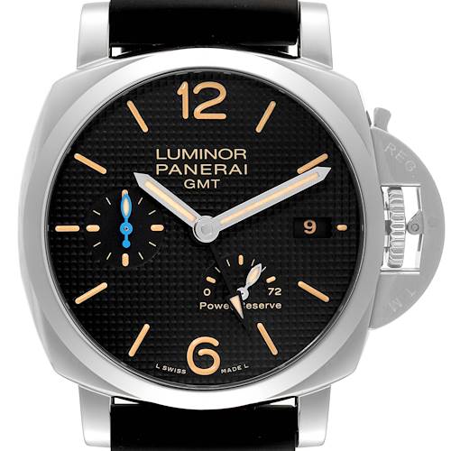 This image shows a front view of a Panerai Luminor PAM01537 Men's Stainless Steel Black Dial PAM01537 Men's Stainless Steel Black Dial GMT watch, highlighting its dial, hands, and power reserve indicator.