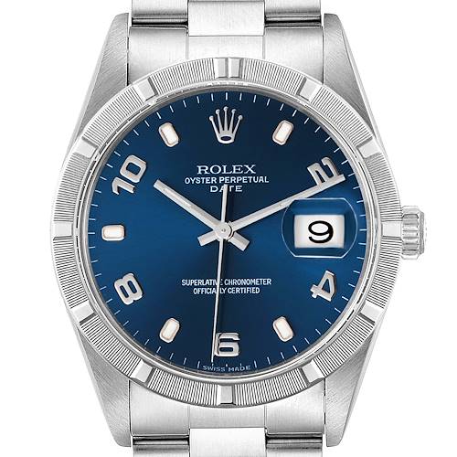 The image shows a frontal view of the Rolex Oyster Perpetual Date model watch, displaying the dial, bezel, bracelet, and crown.