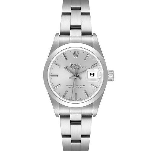 This image shows a front view of the Rolex Date 69160 Women's Stainless Steel Silver Dial 69160 Women's Stainless Steel Silver Dial model watch, displaying the face, case, and bracelet.