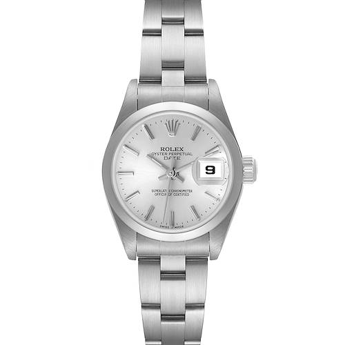 This image shows a front view of a Rolex Date 79160 Women's Stainless Steel Silver Dial 79160 Women's Stainless Steel Silver Dial model watch, highlighting the dial, bracelet, and date window.