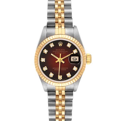 The Rolex Datejust 69173 Women's Steel and Gold (two tone) Red Dial 69173 Women's Steel and Gold (two tone) Red Dial watch is shown from a front angle, highlighting its two-tone bracelet, dial, bezel, and date window.