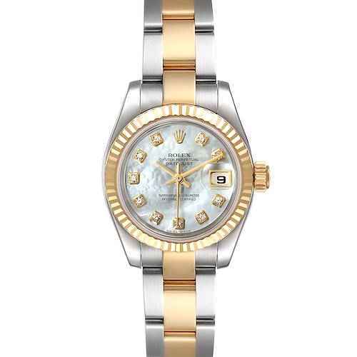 The image shows the front view of a Rolex Datejust 179173 Women's Steel and Gold (two tone) Mother of Pearl Dial 179173 Women's Steel and Gold (two tone) Mother of Pearl Dial watch, featuring its dial, bracelet, and the date function.