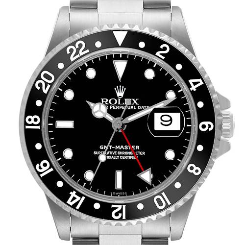 The image shows a front view of the Rolex GMT-Master 16700 Men's Stainless Steel Black Dial 16700 Men's Stainless Steel Black Dial watch, highlighting its bezel, dial, hands, and date feature.