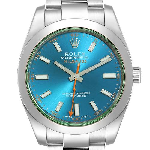 This image shows a front view of a Rolex Milgauss 116400GV Men's Stainless Steel Blue Dial 116400GV Men's Stainless Steel Blue Dial watch featuring a blue dial and an orange lightning bolt second hand.