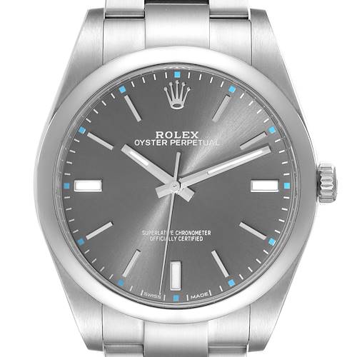 This image shows a front view of the dial and bezel of a Rolex Oyster Perpetual 114300 Men's Stainless Steel Grey Dial 114300 Men's Stainless Steel Grey Dial watch.