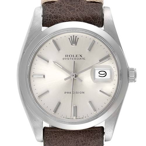 The Rolex Date 6694 Men's Stainless Steel Silver Dial 6694 Men's Stainless Steel Silver Dial model watch is shown from a top-down angle, featuring the dial, crown, and part of the strap.
