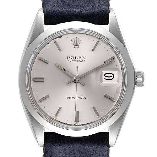 The image shows a front view of a Rolex Oysterdate Precision watch, highlighting the dial, date window, and crown.