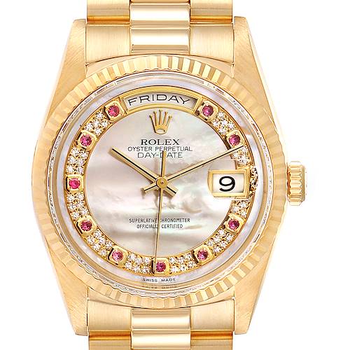 This image shows a close-up front view of a Rolex President 18238 Men's Yellow Gold Mother of Pearl Dial 18238 Men's Yellow Gold Mother of Pearl Dial model, highlighting the face, bezel, crown, and part of the bracelet.