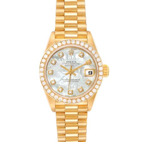 The Rolex President 79138 Women's Yellow Gold Mother of Pearl Dial 79138 Women's Yellow Gold Mother of Pearl Dial watch is shown from a top view, highlighting its face, bezel, and bracelet with diamond accents.