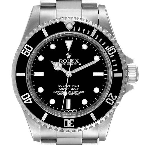 The image shows the front view of a Rolex Submariner 14060M Men's Stainless Steel Black Dial 14060M Men's Stainless Steel Black Dial, featuring its dial, bezel, and part of the bracelet.