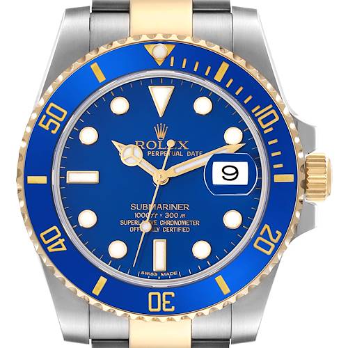 A front view of a Rolex Submariner 116613 Men's Steel and Gold (two tone) Blue Dial 116613 Men's Steel and Gold (two tone) Blue Dial watch showcasing the blue dial, gold accents, and date window at the 3 o'clock position.