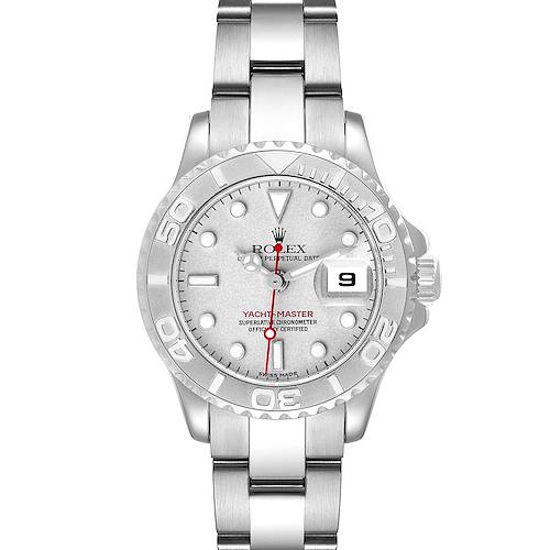 This image shows the front view of the Rolex Yacht-Master 169622 Women's Stainless Steel Silver Dial 169622 Women's Stainless Steel Silver Dial watch, featuring its dial, bezel, and part of the metal bracelet.