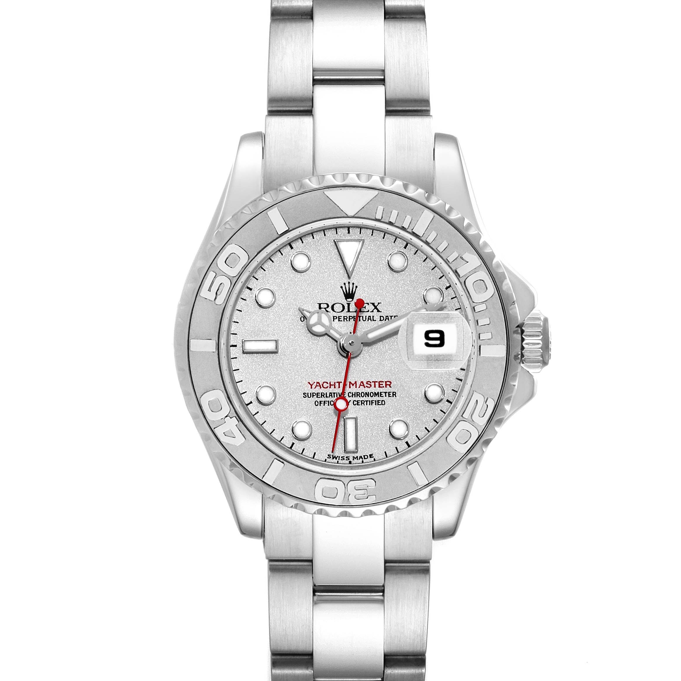 The image shows a front view of the Rolex Yacht-Master 169622 Women's Stainless Steel Silver Dial 169622 Women's Stainless Steel Silver Dial watch, highlighting its face, bezel, and bracelet.