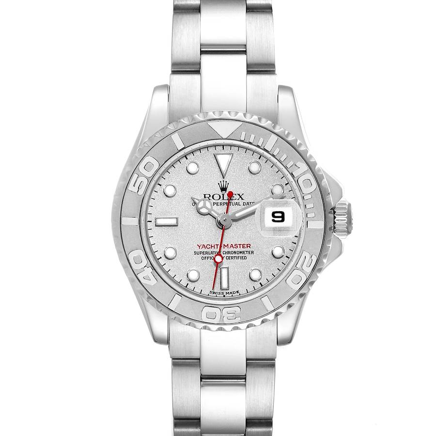 The image shows a front view of the Rolex Yacht-Master 169622 Women's Stainless Steel Silver Dial 169622 Women's Stainless Steel Silver Dial watch, highlighting its face, bezel, and bracelet.