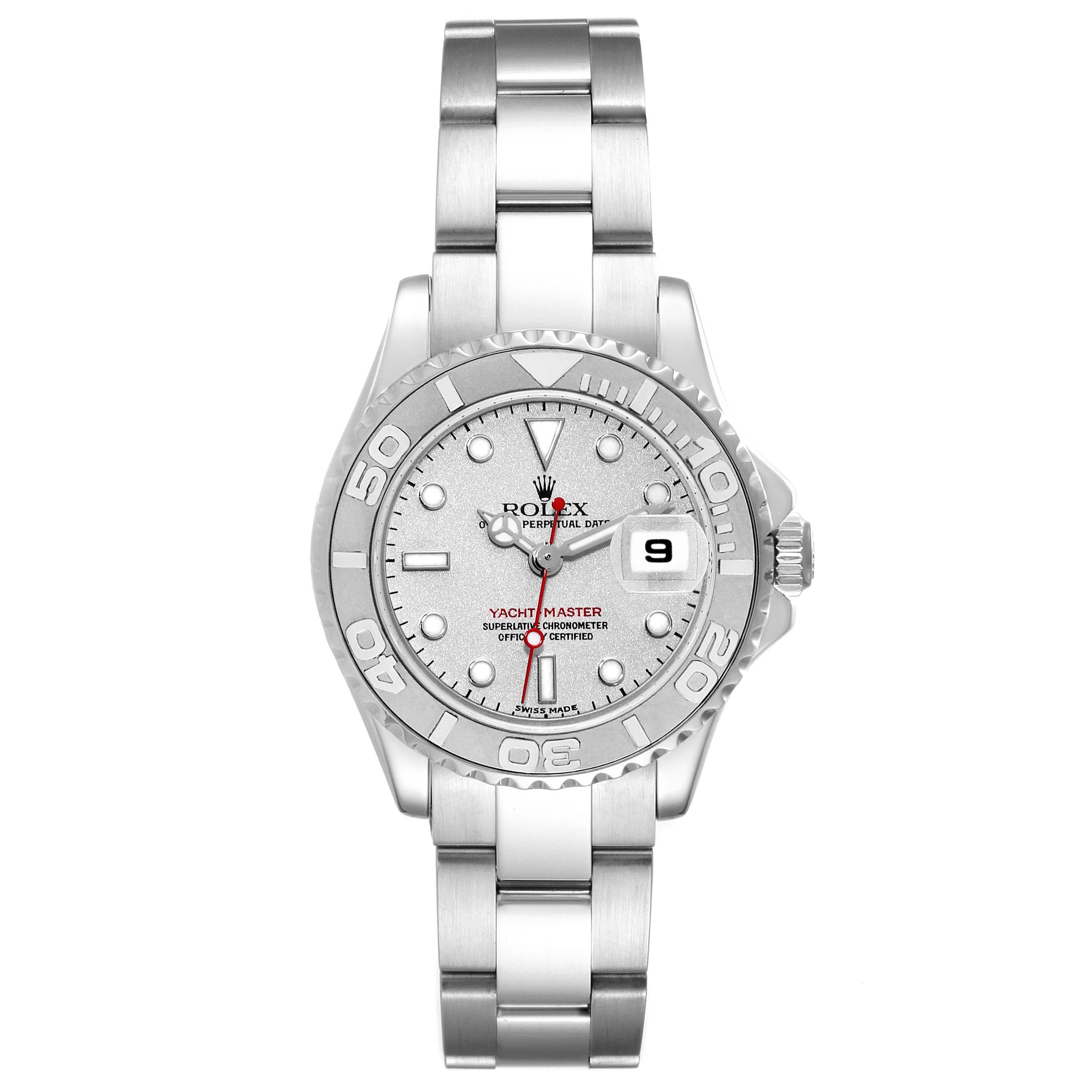The image shows a full frontal view of a Rolex Yacht-Master 169622 Women's Stainless Steel Silver Dial 169622 Women's Stainless Steel Silver Dial watch with its dial, bezel, and bracelet visible.