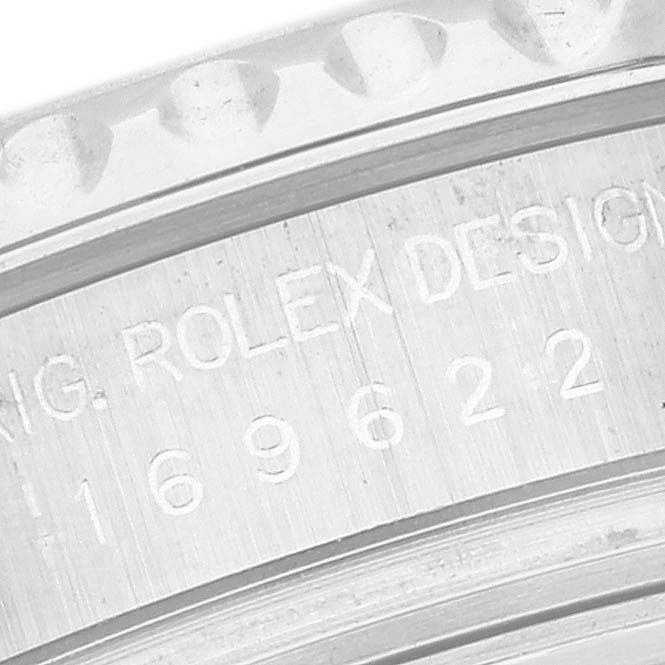 The image shows a close-up of the Rolex Yacht-Master 169622 Women's Stainless Steel Silver Dial 169622 Women's Stainless Steel Silver Dial watch's engraved reference number on the case.