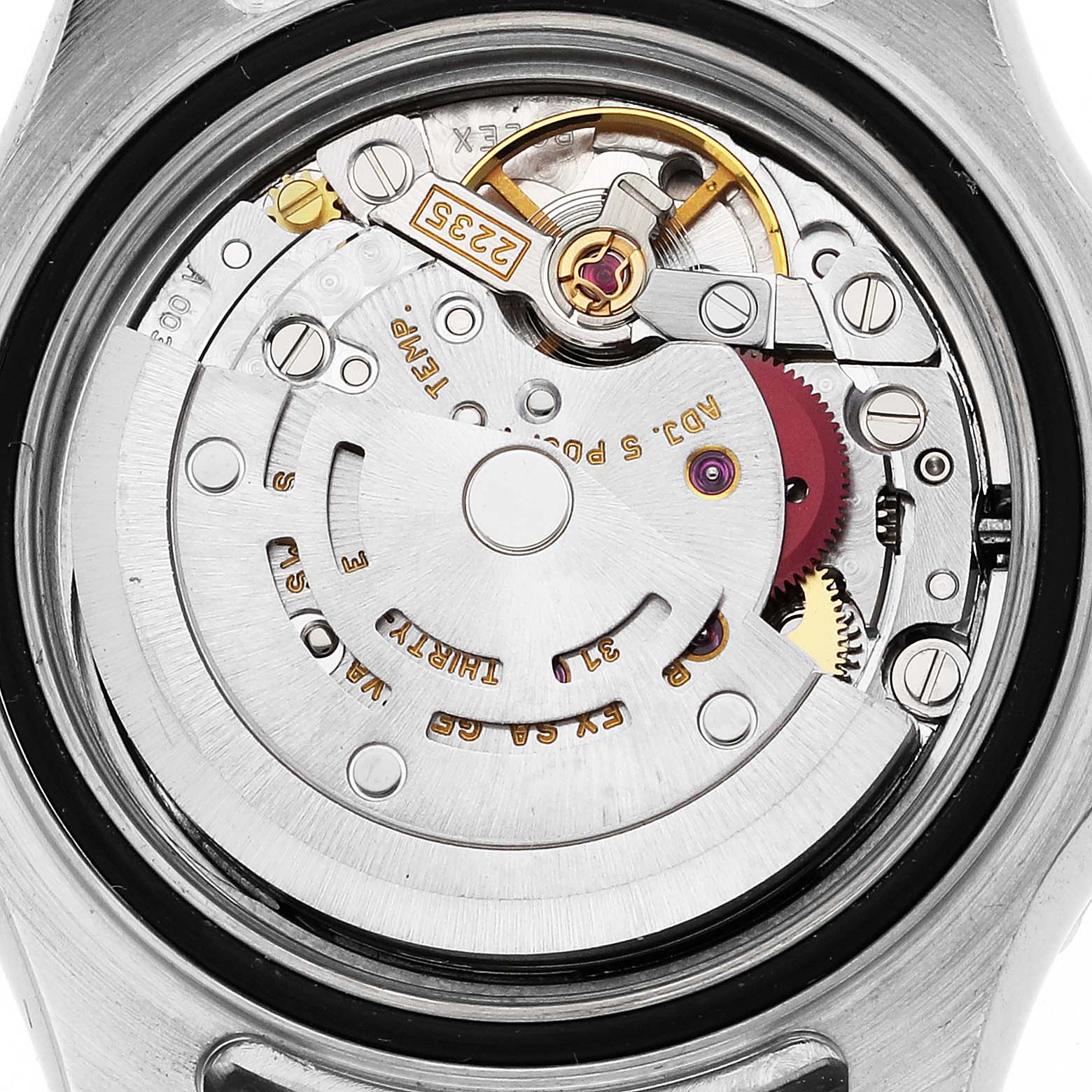 The image shows the internal movement and mechanisms of a Rolex Yacht-Master 169622 Women's Stainless Steel Silver Dial 169622 Women's Stainless Steel Silver Dial watch, viewed from the back.