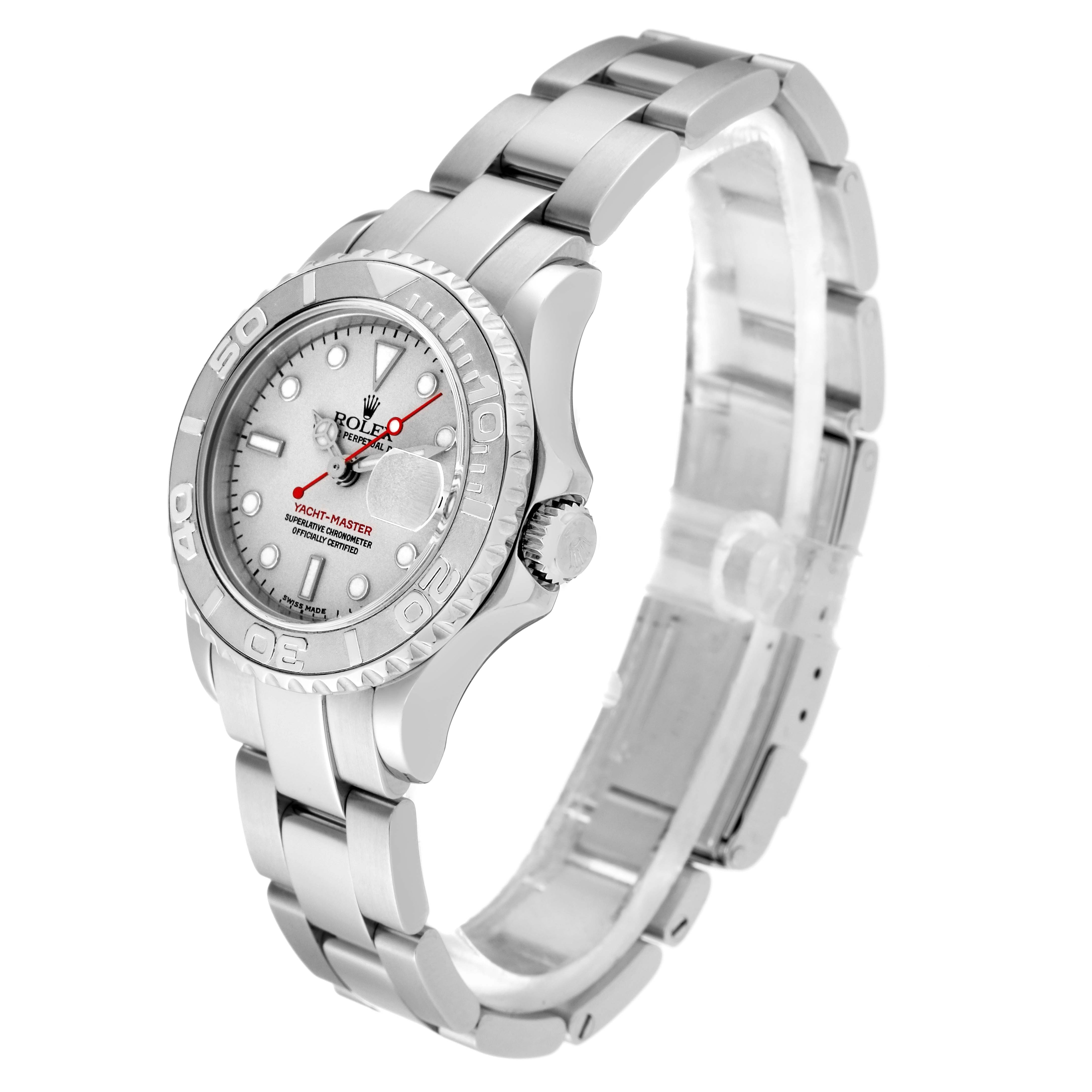 The image shows a Rolex Yacht-Master 169622 Women's Stainless Steel Silver Dial 169622 Women's Stainless Steel Silver Dial watch at a three-quarter angle highlighting the dial, bezel, crown, and bracelet.