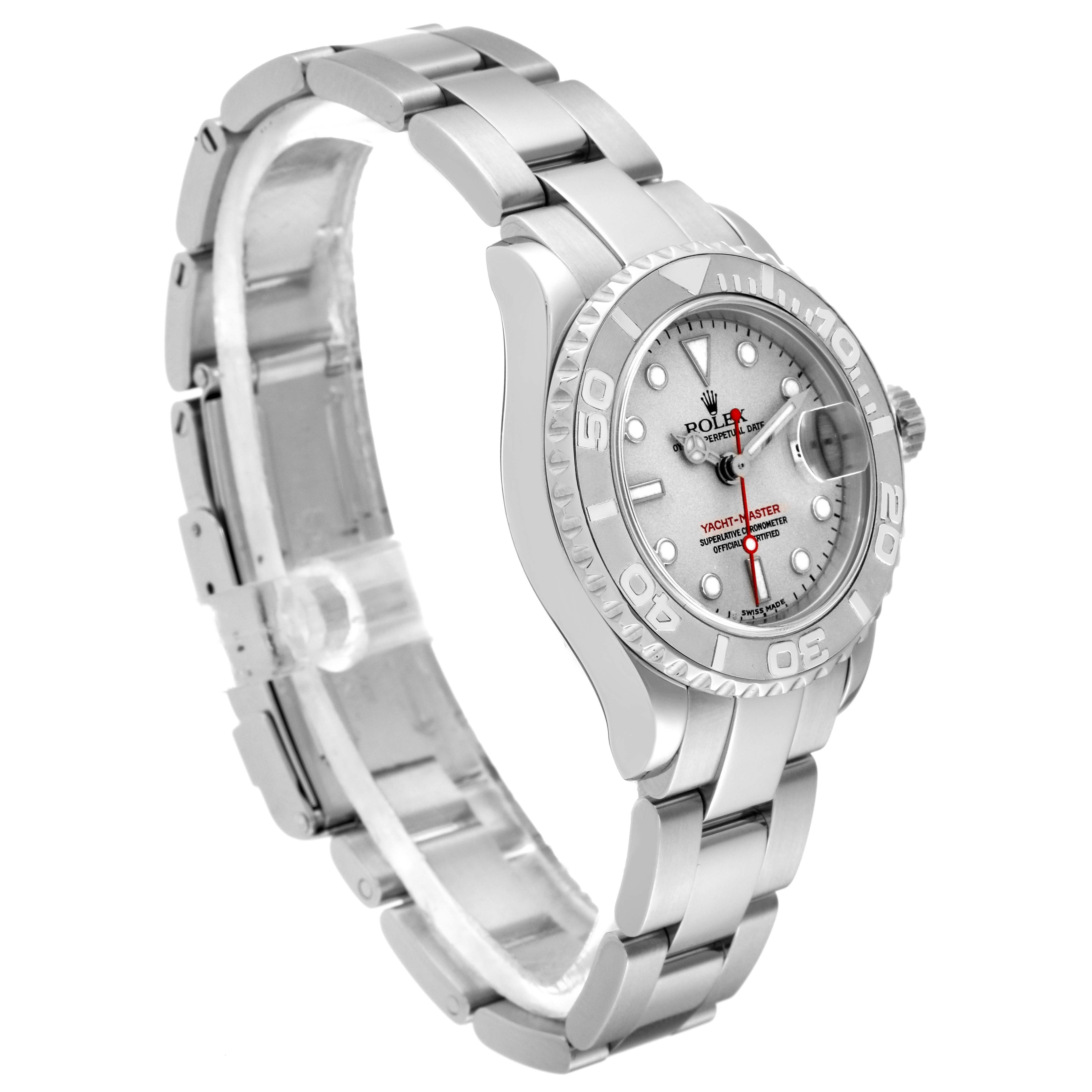 The image shows a Rolex Yacht-Master 169622 Women's Stainless Steel Silver Dial 169622 Women's Stainless Steel Silver Dial watch at a left three-quarter angle, displaying the face, bezel, and bracelet.