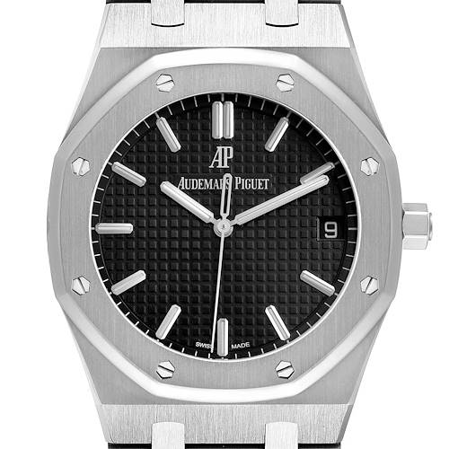 The Audemars Piguet Royal Oak 15500ST.OO.1220ST.03 Men's Stainless Steel Black Dial 15500ST.OO.1220ST.03 Men's Stainless Steel Black Dial watch is shown from the front, displaying its octagonal bezel, dial, and crown on the right.