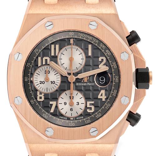 The Audemars Piguet Royal Oak Offshore 26470OR.OO.A125CR.01.A Men's Rose Gold Grey Dial 26470OR.OO.A125CR.01.A Men's Rose Gold Grey Dial watch is shown from the front, highlighting the dial, subdials, and bezel.