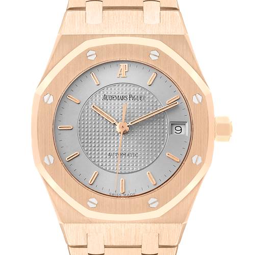 The image shows a front view of a Royal Oak model by Audemars Piguet, featuring its octagonal bezel, dial, and bracelet.