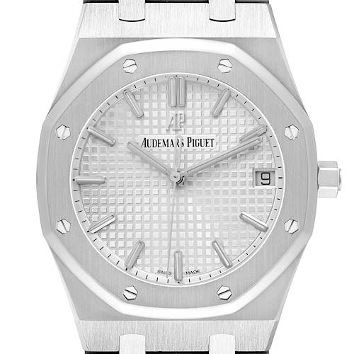 The Audemars Piguet Royal Oak 15300ST.OO.1220ST.04 Men's Stainless Steel White Dial 15300ST.OO.1220ST.04 Men's Stainless Steel White Dial is shown from the front, displaying the dial, iconic octagonal bezel with screws, and crown.