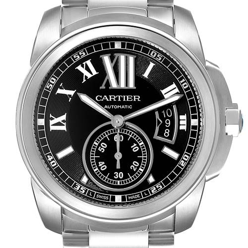 The image shows the front view of a Calibre de Cartier watch by Cartier, highlighting its dial, hands, and bezel.