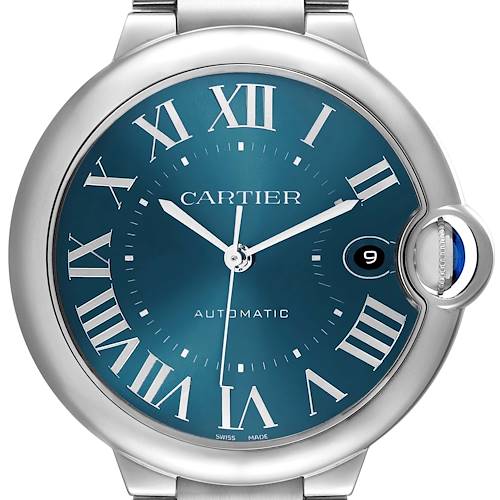 The Cartier Ballon Bleu WSBB0061 Men's Stainless Steel Blue Dial watch is shown from a front angle, displaying the dial, Roman numerals, hands, date window, and bezel.