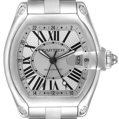 The Cartier Roadster W62032X6 Men's Stainless Steel Silver Dial W62032X6 Men's Stainless Steel Silver Dial watch is shown from the front, displaying its dial, hands, Roman numerals, and date window.