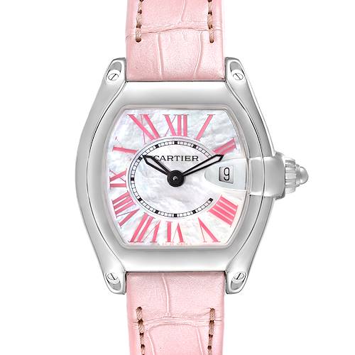 This image shows a close-up, front view of the Cartier Roadster W6206006 Women's Stainless Steel Mother of Pearl Dial W6206006 Women's Stainless Steel Mother of Pearl Dial watch with a pink strap and pink Roman numerals on the dial.